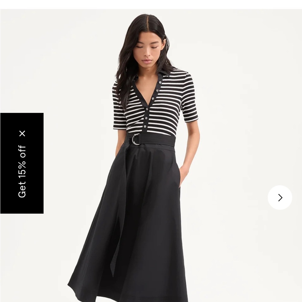 Veronica Beard Black and White Striped V‑Neck Knit Top with Black Midi Skirt
